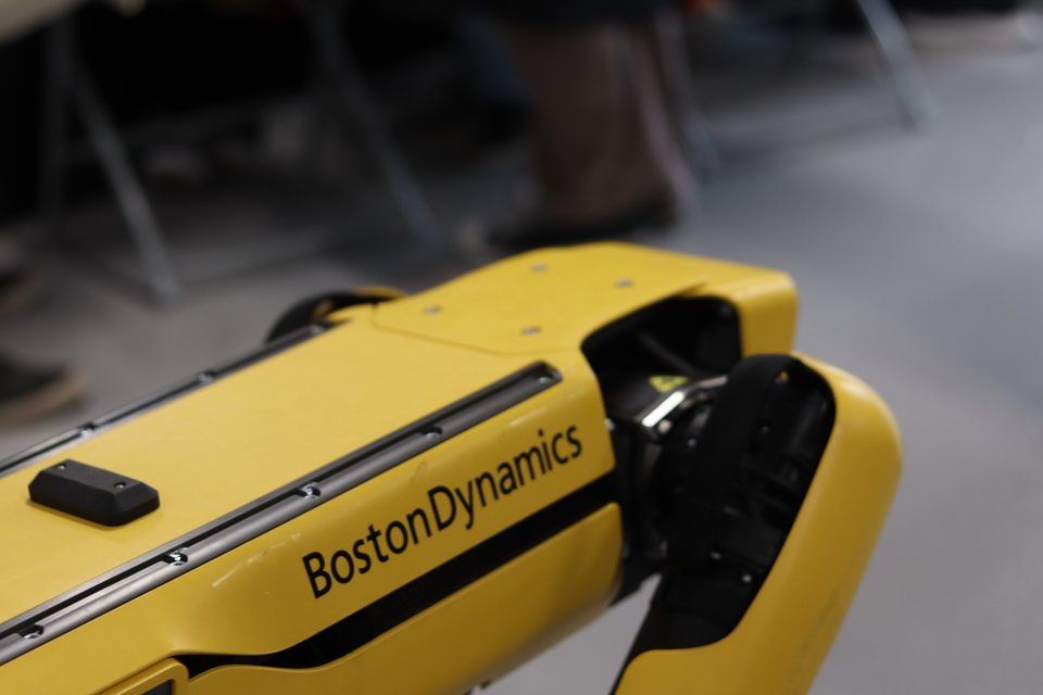 A close side view of Boston Dynamics' Spot robot in the Makerspace.
